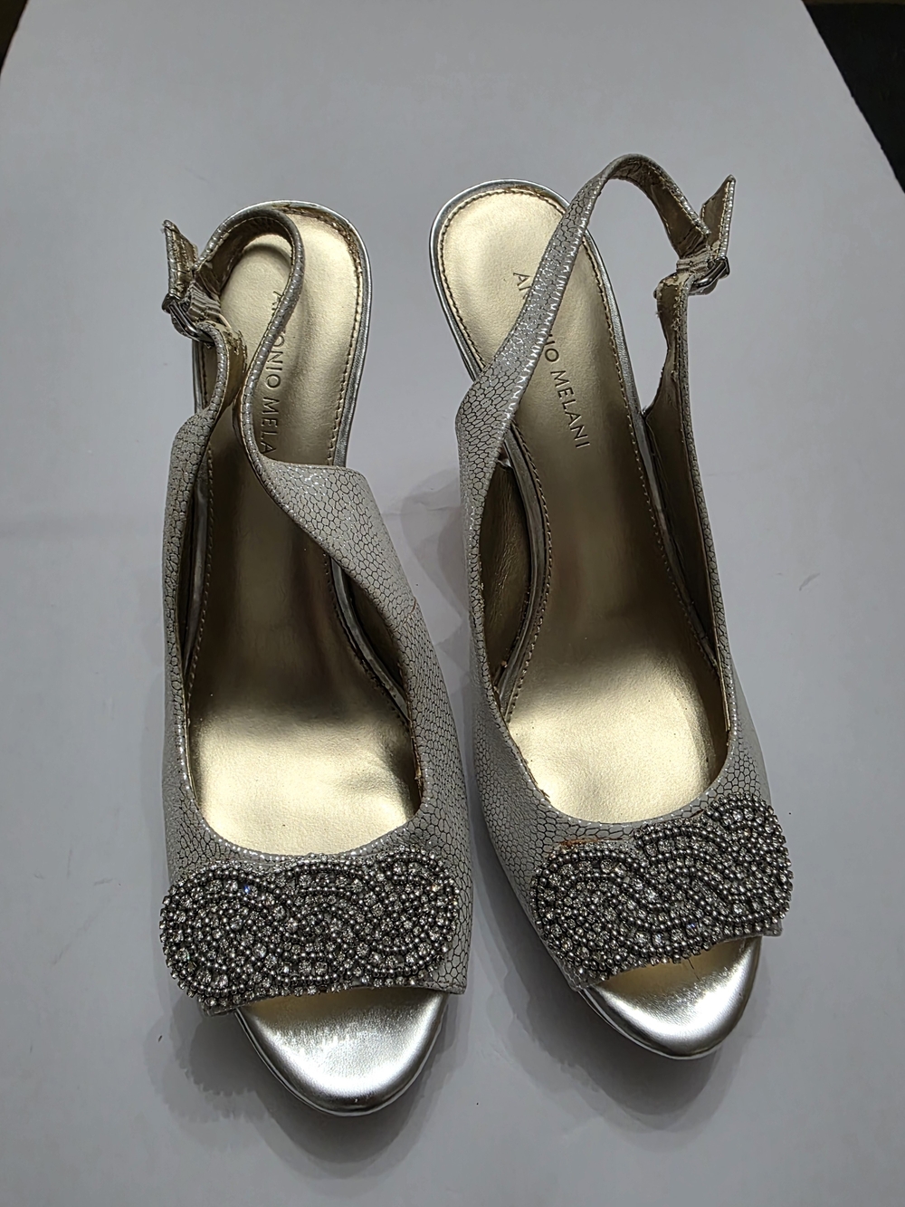 Antonio Melani Gold Open-Toe Slingback Heels with Crystal Accent